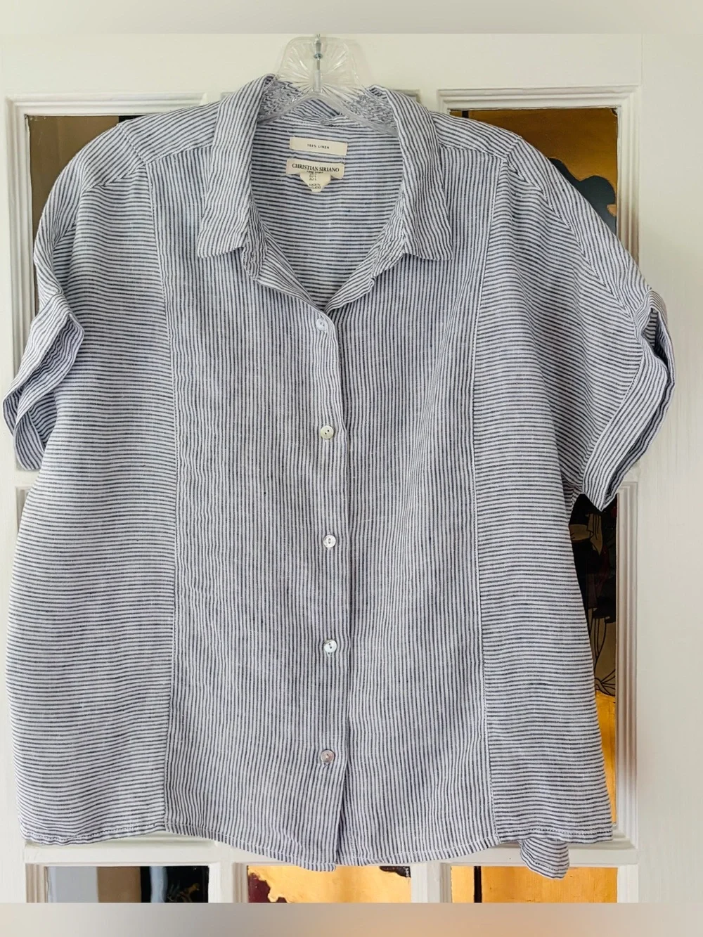 Christian Siriano 100% Linen Striped Button Up Short Sleeve Shirt  Top SZ L - Picture 2 of 9